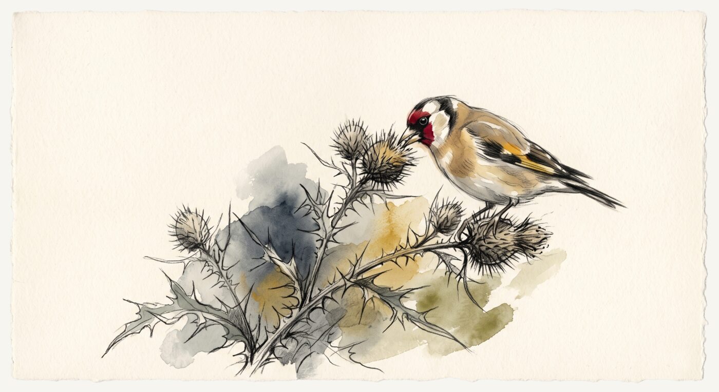 Watercolor of a goldfinch, red-faced and gold-winged, perched on a thistle and reaching into a spiny flower head.